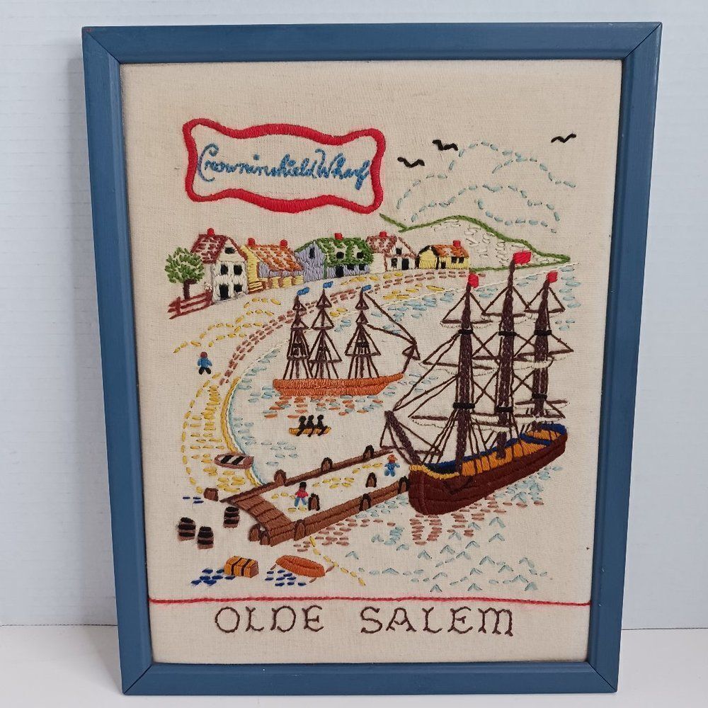 Vintage Framed Crewel Embroidery "Olde Salem" Gallery Framed Artwork
